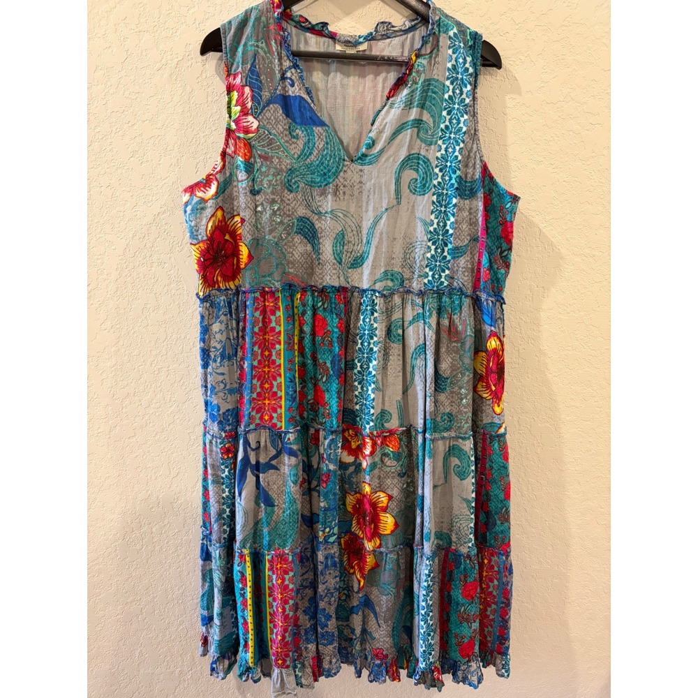Orientique Australian Organic Cotton Patchwork Floral Tiered Midi Dress XL